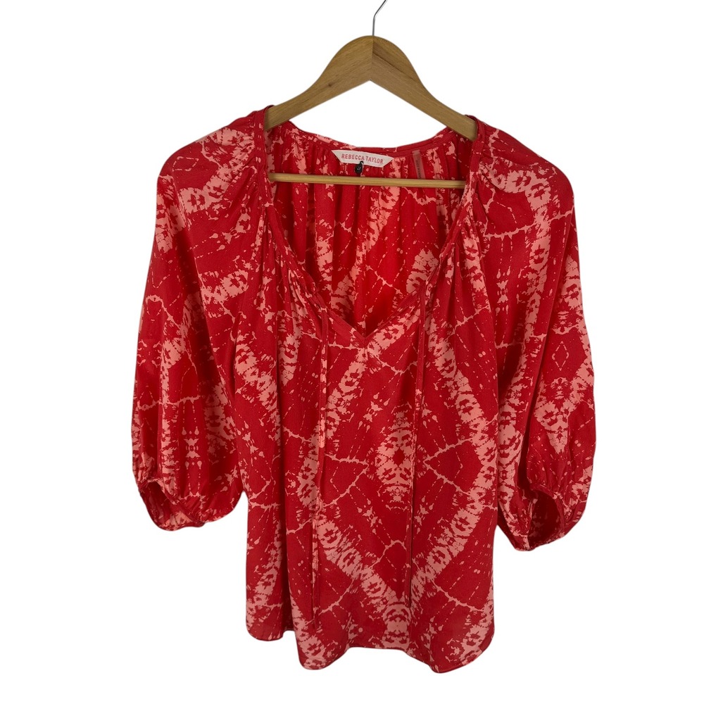 Rebecca Taylor 100% Silk Red Tie Dye Print Blouse Size 6 Lightweight Sheer Chic